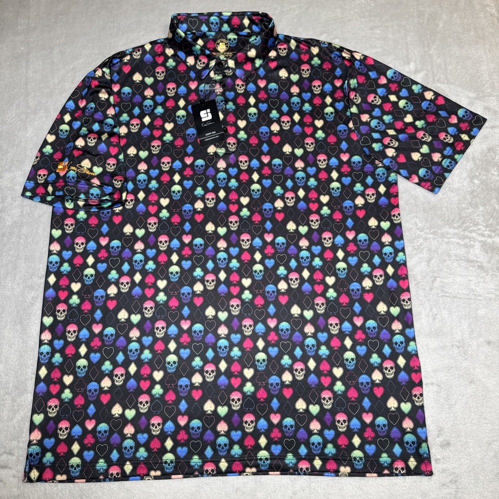 Coby Stevens‎ Colorful Skulls & Hearts Mens Golf Performance Polo Sz 2XL NWT